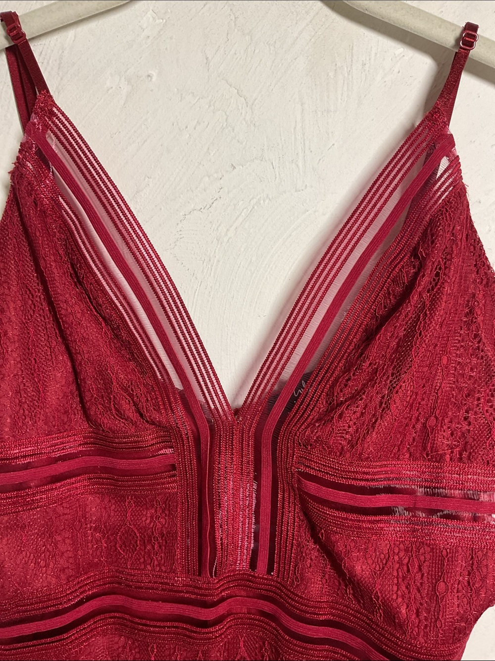 Lulus Casita Wine Red Lace Sheer Striped Plunging Sleeveless Bodysuit Size M - Picture 2 of 11
